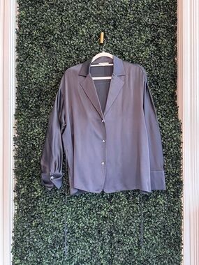 Vince Charcoal Blue/Gray Silk Button Collar Top